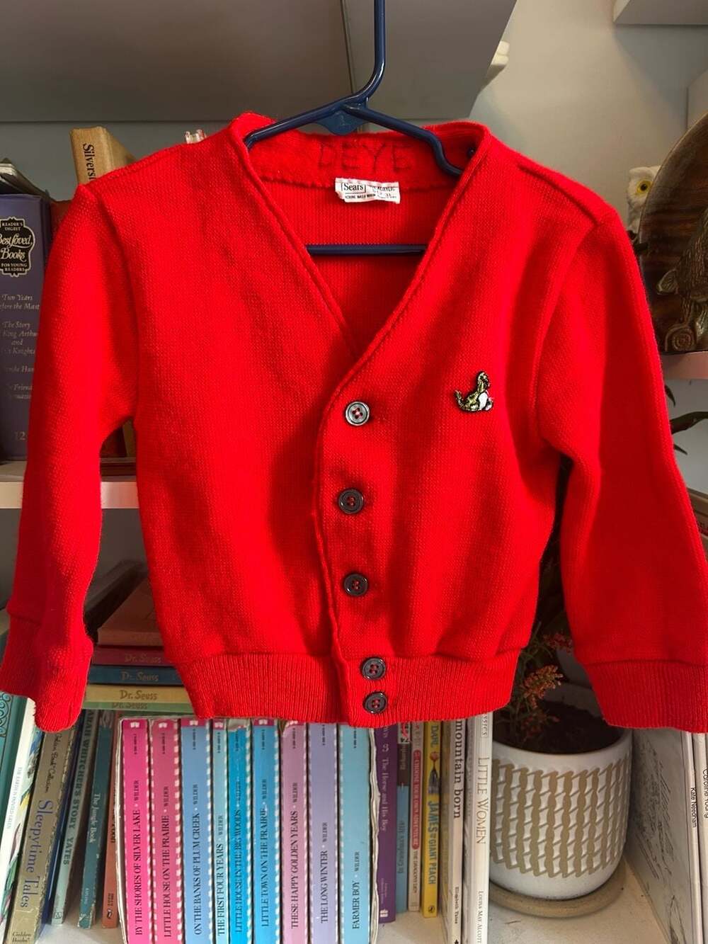Vintage Sears Toddler Red Knit Cardigan Sweater w/ Dinosaur Embroidery Size 2-3
